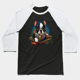 Boston Terrier Reads Book Baseball T-Shirt